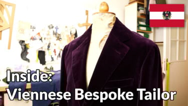 Jacket on a mannequin. Text reads, "Inside: Viennese bespoke tailor"