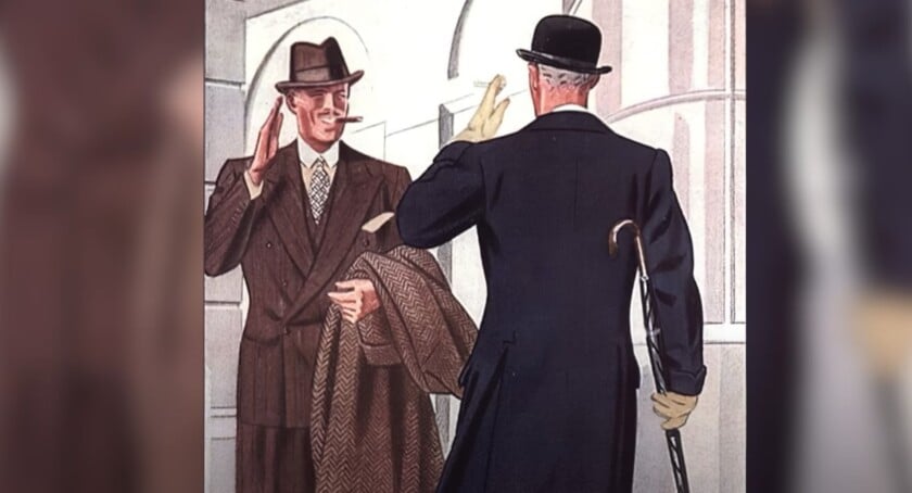 Vintage illustration of two gentlemen greeting each other with polite eye contact and a raised hand