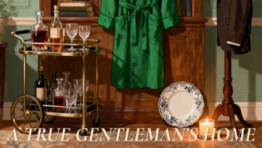 Luxury items festoon a stately home. Text reads, "A true gentleman's home."