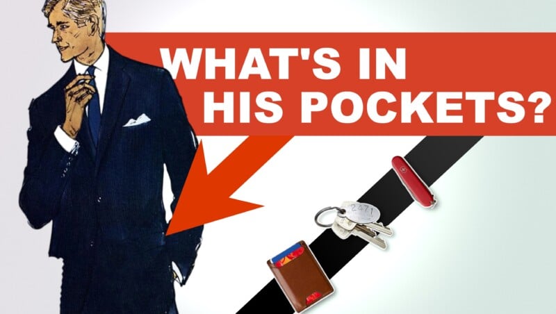 1960s fashion illustration with EDC items. Text reads, "What's in his pockets?"