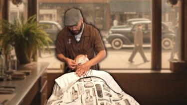 A barber shaves Raphael's face