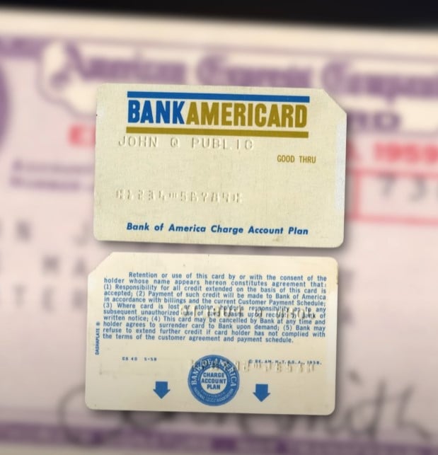 Front and back view of an early BankAmericard, the precursor to the modern Visa card.