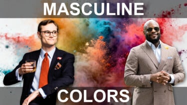Preston and Kyle pose near an explosion of colors. Text reads, "Masculine Colors"