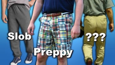 Three pairs of pants, labeled "Slob, preppy, and ???"