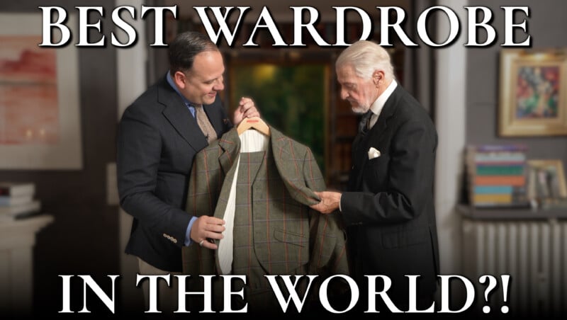 Two men admire a jacket. Text reads, "Best Wardrobe in the World!?"