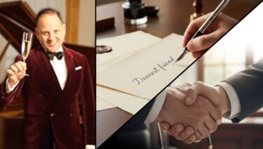 Split-panel banner showing a smiling man in a burgundy velvet tuxedo holding up a champagne flute on the left, a hand writing on a cream letter in the upper right, and two people shaking hands in the lower right. Text reads: โDearest friendโ.