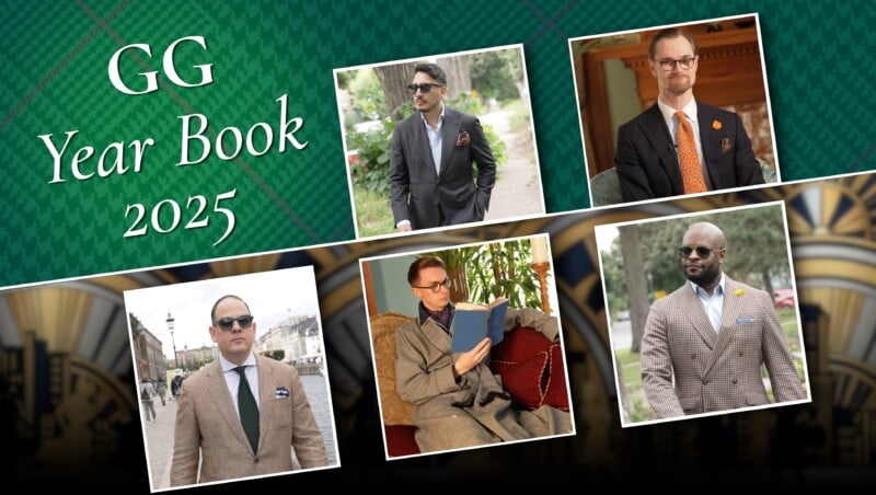 Collage of five men in classic menswear outfits. Text reads, "GG Year Book 2025."