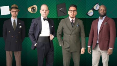Gentleman's Gazette team members Raphael Schneider, Preston, Ivan, and Kyle, standing against a green tartan background, featuring EDC items like a white pocket square, gold ring, black notebook, and eyeglasses.