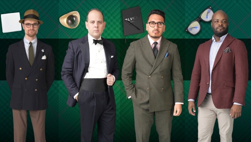 Gentleman's Gazette team members Raphael Schneider, Preston, Ivan, and Kyle, standing against a green tartan background, featuring EDC items like a white pocket square, gold ring, black notebook, and eyeglasses.