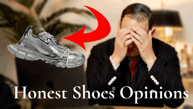 What The Shoes You Wear Say About You 3840X2160 1 A man in a suit looks distressed beside a bulky grey designer sneaker. Text reads: "Honest Shoes Opinions."
