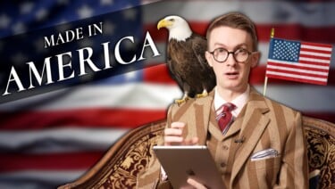Man in classic suit with American flag and bald eagle on shoulder. Text reads: “MADE IN AMERICA.”