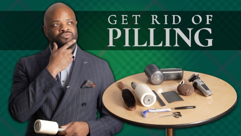 Pilling New Banner 3 3840By2160 A man in a pinstriped suit looks thoughtfully at a table covered in fabric care tools. Text reads: "GET RID OF PILLING."