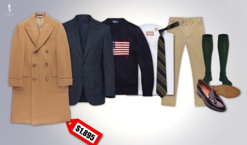 Complete made-in-USA menswear outfit laid out including overcoat, sport coat, sweater, shirt, tie, chinos, socks, and loafers