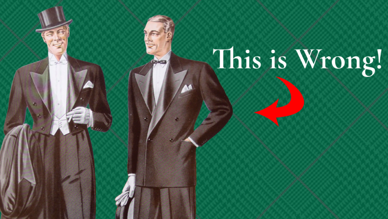 Vintage illustration of two men in formal wear with a red arrow pointing to the man in a tuxedo. Text reads: "This is Wrong!"
