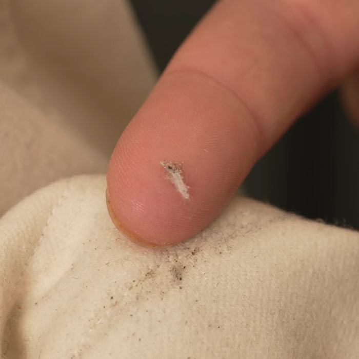Macro close-up of a finger pointing to a tiny, dust-covered case-bearing clothes moth larva hiding in the seam of light-colored wool trousers.