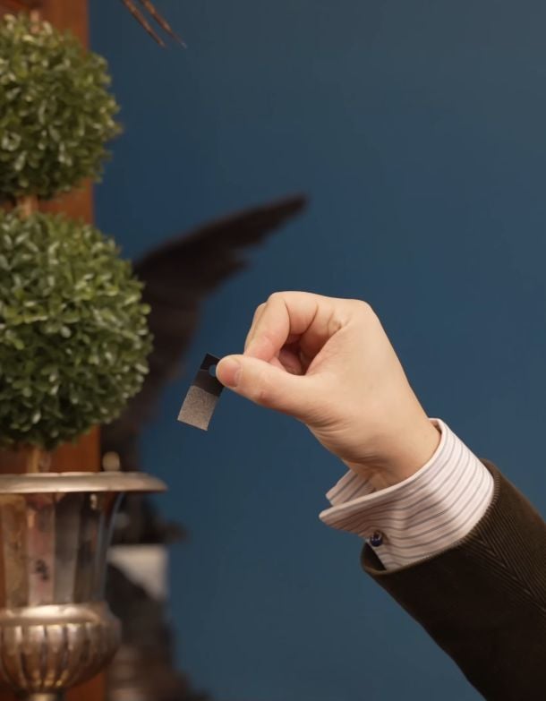 A hand holding a small black paper tab speckled with thousands of Trichogramma wasp eggs, ready to be placed in an infested area.