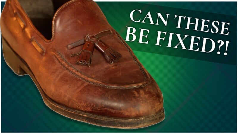 A worn brown leather tassel loafer on a dark green background. Text reads: "CAN THESE BE FIXED?!"