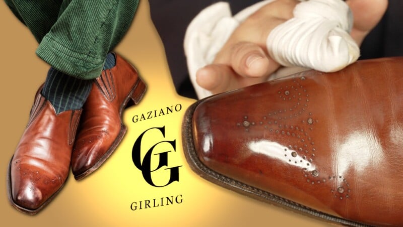 Mirror Shine New Banner 3840X2160 1 Brown leather shoes being worn next to a close-up of a shoe being polished to a mirror shine. Text reads: GAZIANO GG GIRLING.