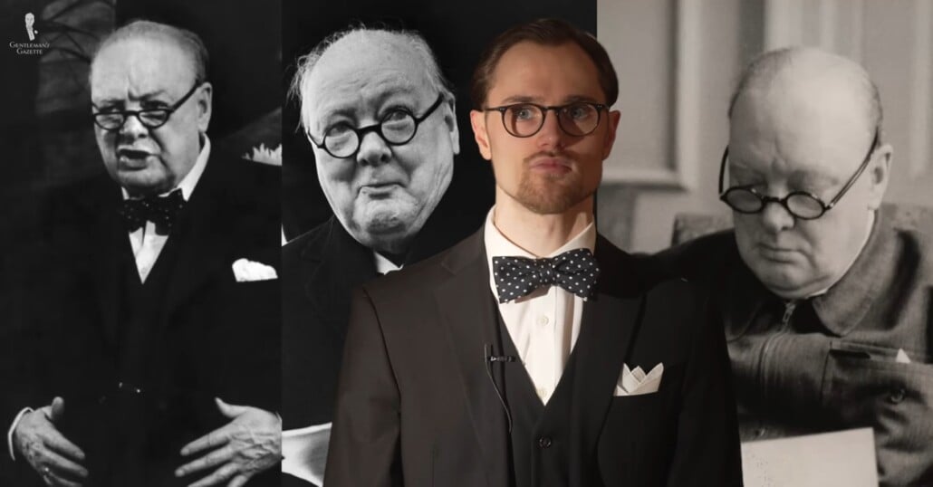 Various images of Winston Churchill wearing glasses with Preston wearing glasses