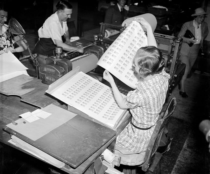 First Printing Us Food Stamps 1939 Imogene Stanhope, printer's assistant at the Bureau, is pictured pulling the first batch off the press.