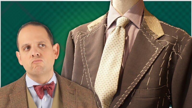 Neapolitan Jacket New Banner Raphael wearing a bow tie beside a basted Neapolitan jacket on a mannequin