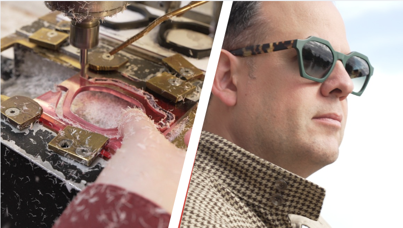 Split image of the bespoke eyewear process at Schau Schau Brillen &mdash; a craftsman mills the lens channel into a red acetate frame on the left, while Sven Raphael Schneider wears the finished green acetate sunglasses with tortoiseshell temples on the right