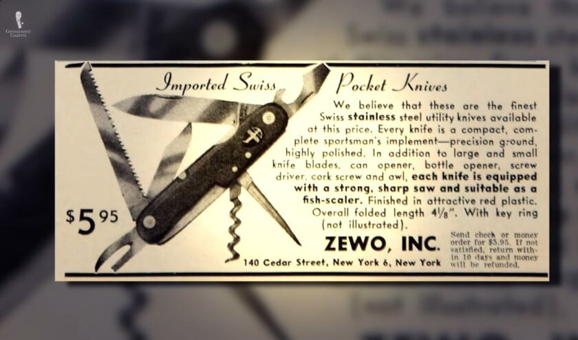 Vintage Swiss Pocket Knife Multi Tool Advertisement A vintage black and white newspaper advertisement for an imported Swiss stainless steel utility pocket knife by Zewo, Inc.