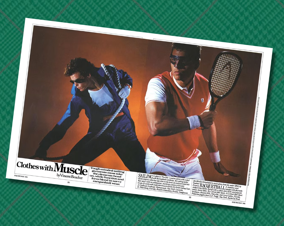 1984 Esquire clothing with muscle selling racquetball 1984 Esquire magazine spread title "muscle clothes," Showing color-blocked sailing gear and an orange racquetball vest
