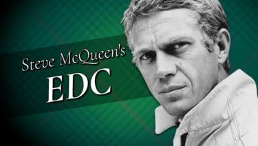 Black-and-white portrait of a man against a green geometric background. Text reads: “Steve McQueen’s EDC.”