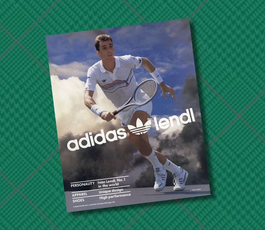 Adidas Ivan Lendl Tennis Advertisement 1980s A 1980s Adidas advertisement showing tennis player Ivan Lendl in a striped polo and shorts mid-match
