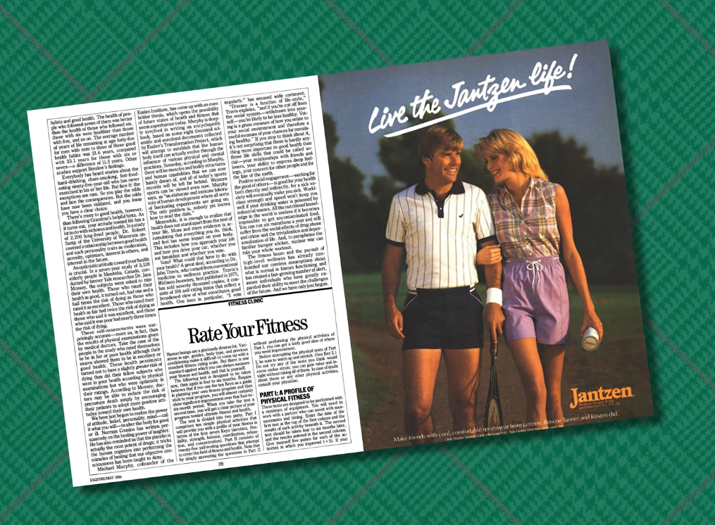 Jantzen Tennis Doubles 1980s Advertisement Jantzen advertisement from the 1980s showing a couple wearing colorful striped polos and plaid shorts walking off a tennis court