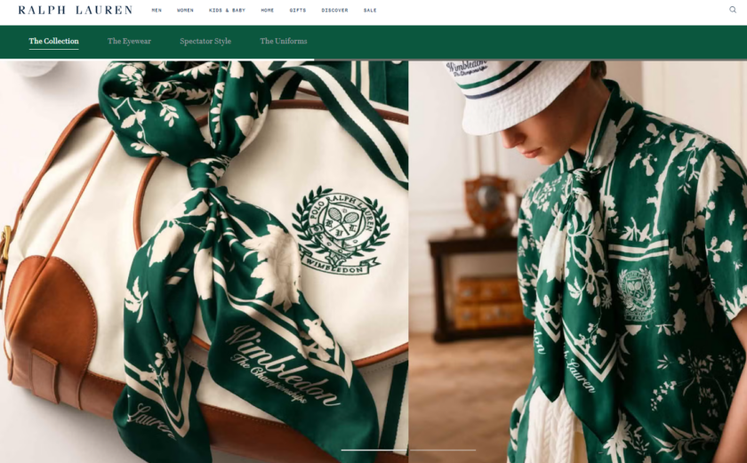 Ralph Lauren Wimbledon Collection The Ralph Lauren Wimbledon collection included a green and white floral silk scarf tied with a leather duffel bag, with a model wearing a green floral shirt.