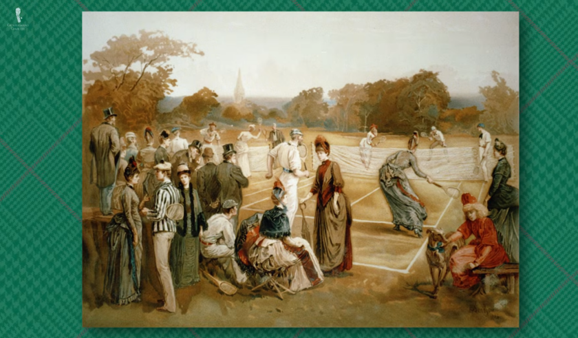 Victorian lawn tennis party illustration Victorian era painting of a lawn tennis party, with men and women dressed in formal daywear watching and playing on a private estate court