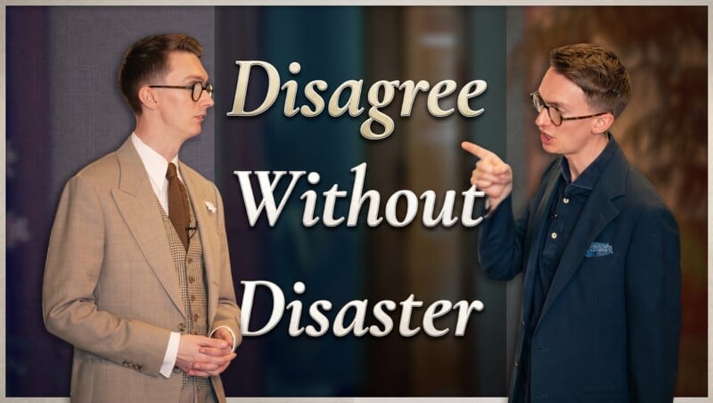 Navigate Polarizing Conversations Banner 4 Two men facing each other in mid-disagreement, one in a tan three-piece suit listening calmly while the other in a navy jacket points and speaks. Text reads: "Disagree Without Disaster"