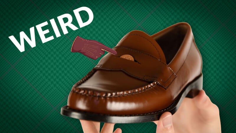 Brown leather penny loafer held up against a green background, with a penny tucked into the diamond cutout of the saddle strap and a pointing hand graphic drawing attention to it. Text reads: WEIRD
