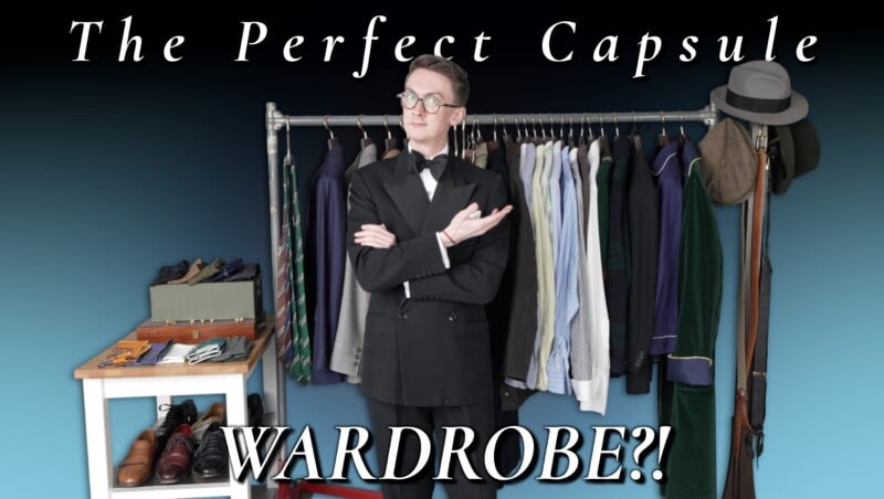 Jack Collins in a black tuxedo gesturing toward a clothing rail of suits, shirts, and ties, with hats, belts, and dress shoes alongside. Text reads: The Perfect Capsule WARDROBE?!