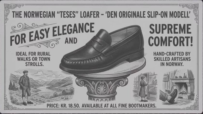 Illustrated vintage-style advertisement for a Norwegian slip-on loafer, showing the shoe on a pedestal with the saddle strap and penny slot visible, surrounded by drawings of a fjord landscape, a shop counter, and a fireside scene. Text reads: THE NORWEGIAN "TESES" LOAFER – 'DEN ORIGINALE SLIP-ON MODELL' / FOR EASY ELEGANCE AND SUPREME COMFORT! / IDEAL FOR RURAL WALKS OR TOWN STROLLS. / HAND-CRAFTED BY SKILLED ARTISANS IN NORWAY. / PRICE: KR. 18.50. AVAILABLE AT ALL FINE BOOTMAKERS.
