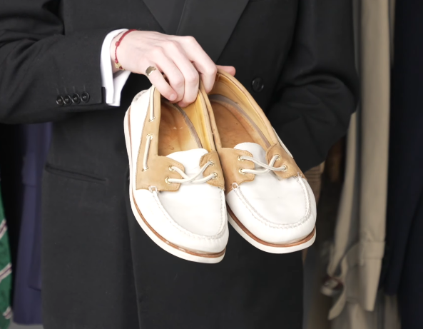 White Tan Leather Boat Shoes Casual Jack Collins holding a pair of white and tan leather boat shoes with white lacing