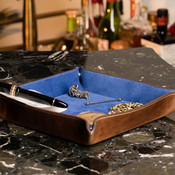 Antique Mahogany Blue Suede Leather Travel Valet Tray Fort Belvedere R5 0861 Antique Mahogany & Blue Suede Leather Travel Valet Tray on a marble surface