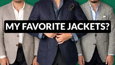 Three tailored sport coats side by side on three men against a green background: a tan houndstooth, a navy houndstooth with a paisley pocket square, and a cream and brown check. Text reads: "MY FAVORITE JACKETS?"