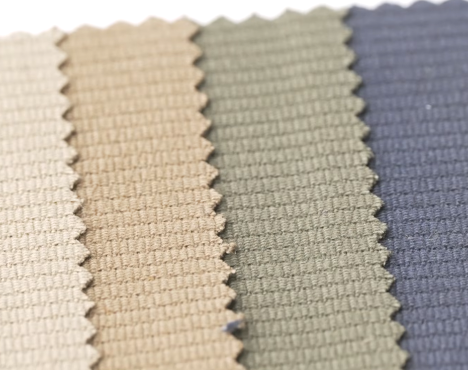 Bedford Cord Fabric Four Bedford cord swatches fanned together in cream, tan, olive, and navy