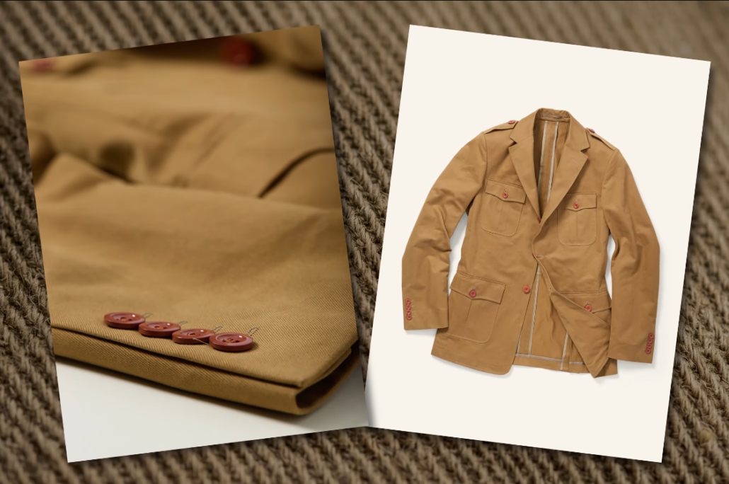 Drill Khaki Safari Jacket Khaki cotton drill safari jacket with red-brown buttons, patch pockets, and epaulettes, shown beside a cuff-button close-up