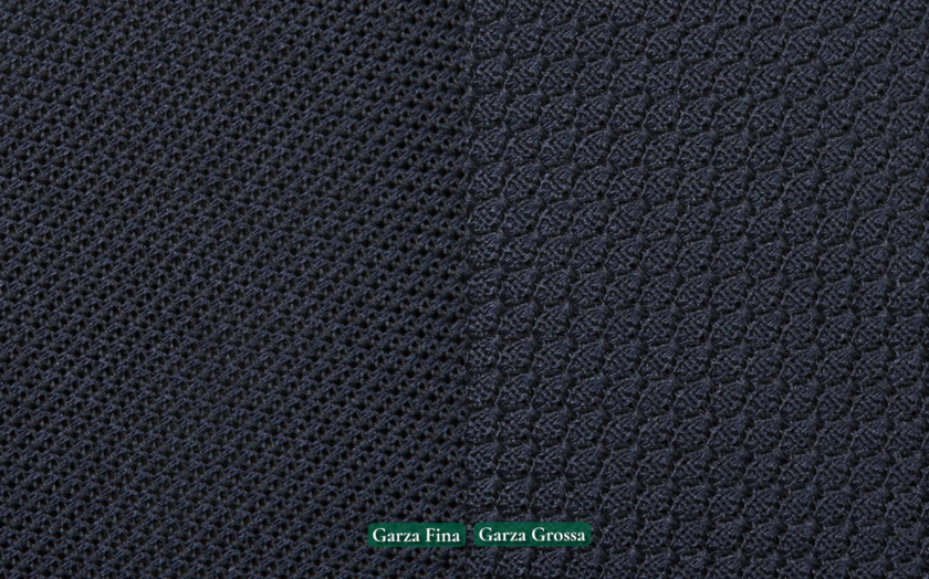 Grenadine Garza Fina Vs Garza Grossa Close-up comparison of navy grenadine silk showing the fine, tight weave of garza fina beside the larger, more open weave of garza grossa. Text reads: Garza Fina / Garza Grossa
