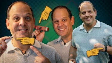 Raphael shown three times against a green background, using a water flosser, holding a red luggage scale, and pointing at a fitness tracker on his wrist, with cartoon pointing hands highlighting each item